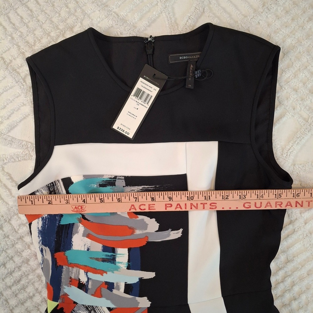 BCBG MAX AZRIA Womens 4 Alessandra Dress Black Abstract Colorblock Sheath NWT - Picture 3 of 10